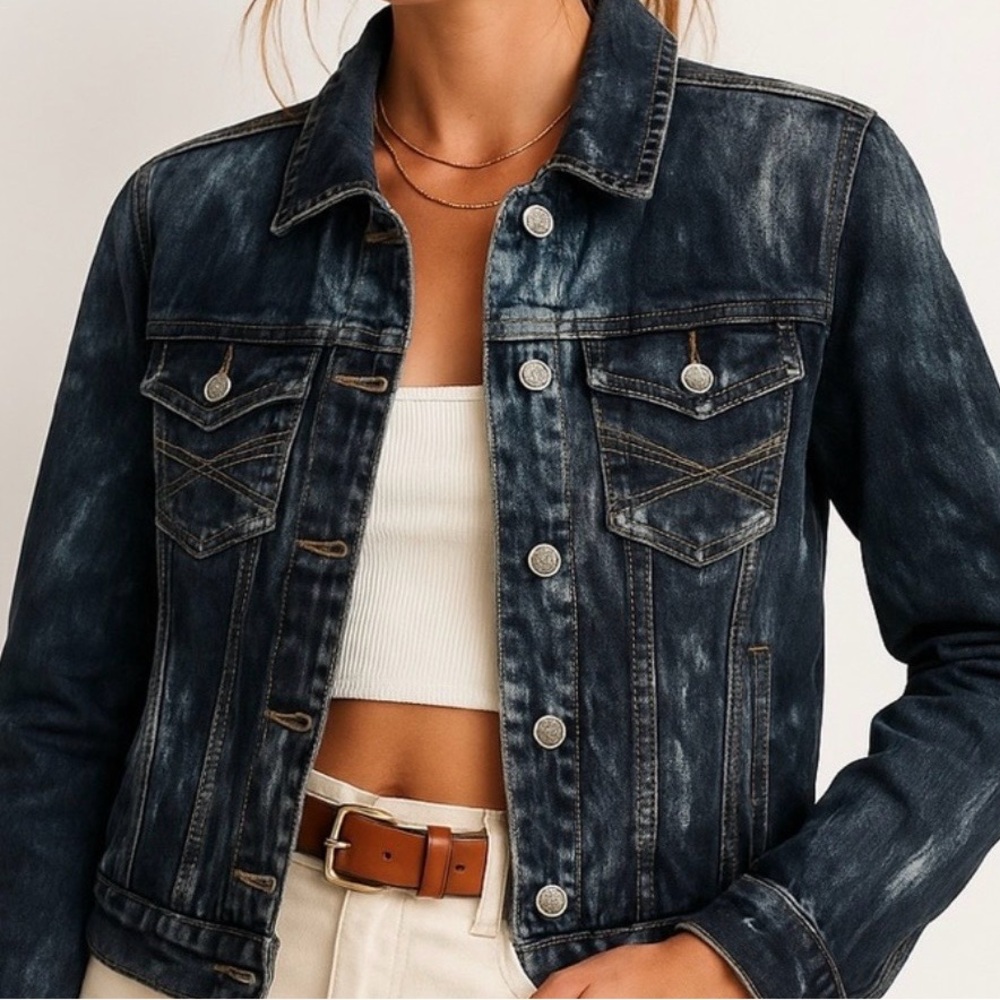 Rhinestone Inlaid Star Patched Upcycled Distressed Blue Black Denim Jean Jacket - Picture 4 of 12